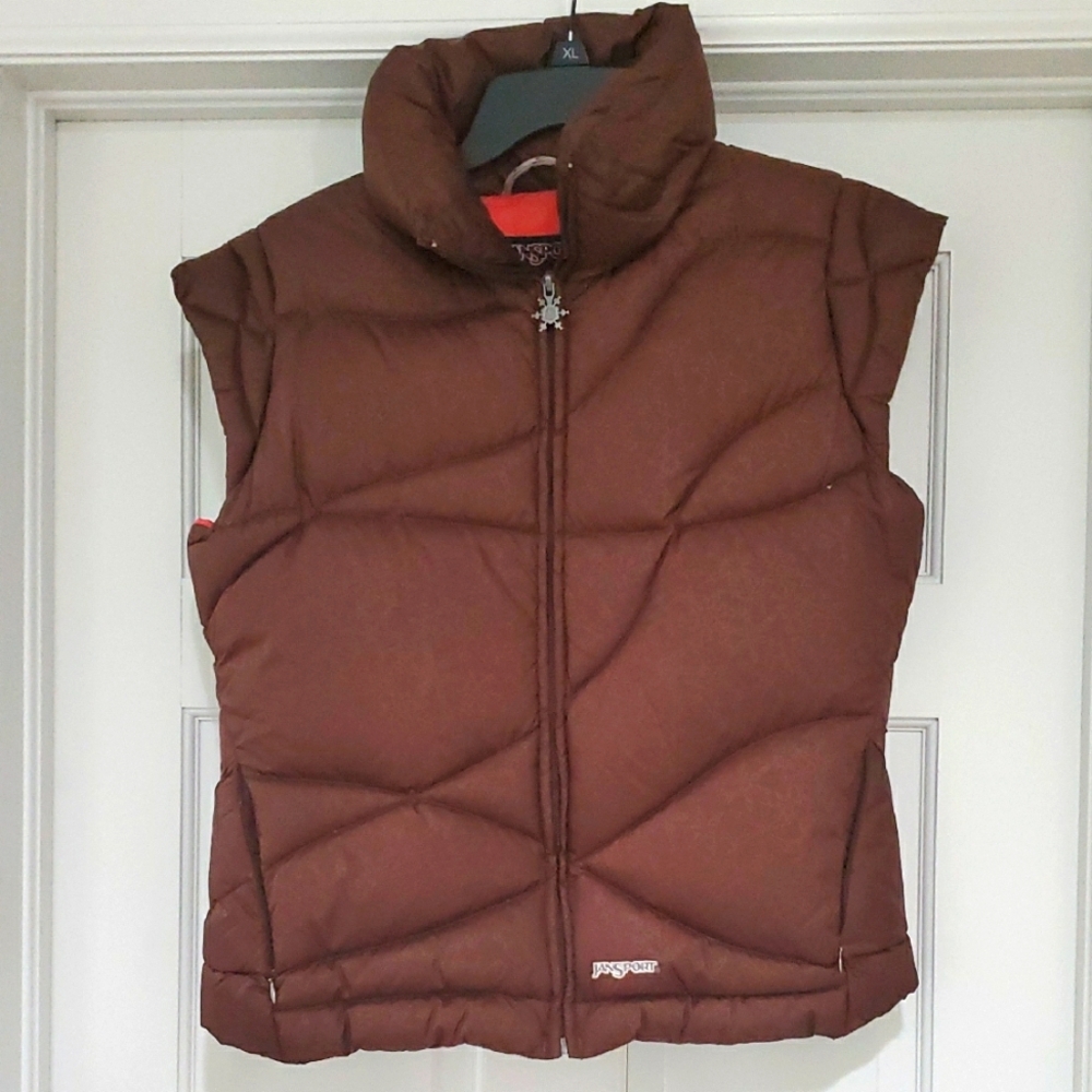 Jansport Brown, Pink Lined Snowflake Down Puffer Vest Womens Sz M NWOT